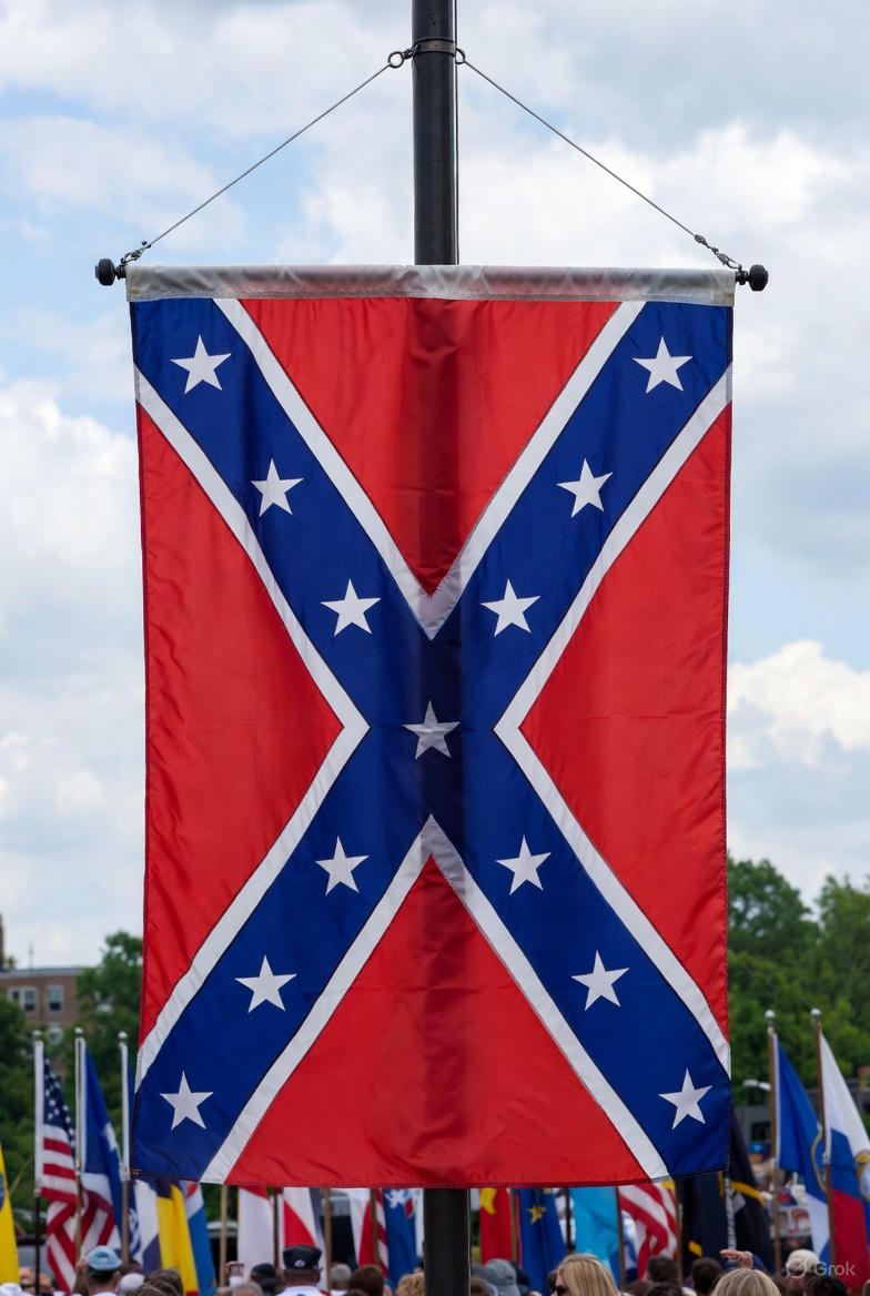 3x5 Confederate battle flag for sale hanging on a pole at an outdoor event with multiple flags in the background