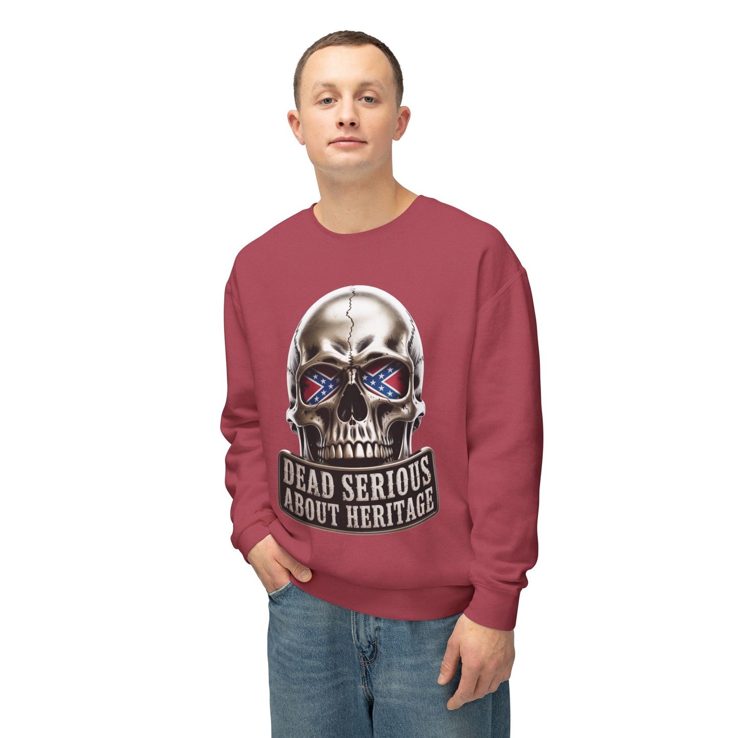 Crewneck Sweatshirt — 'Dead Serious About Heritage' Skull Design