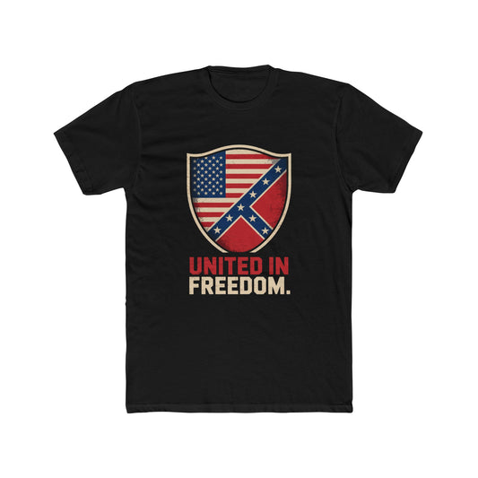 black Confederate and US flag t-shirt with united in freedom shield design