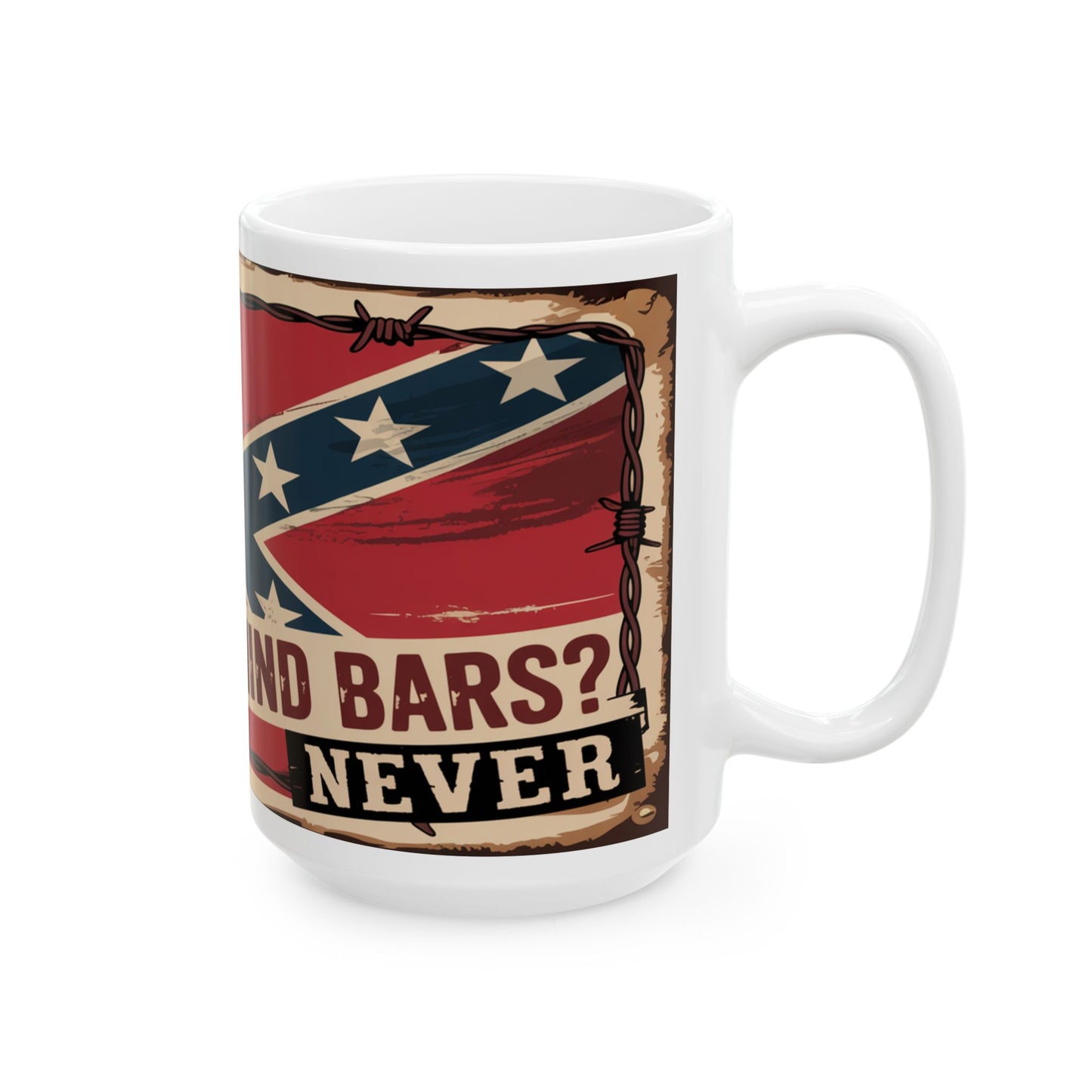 White ceramic confederate flag coffee mug with vintage style design and text on the side