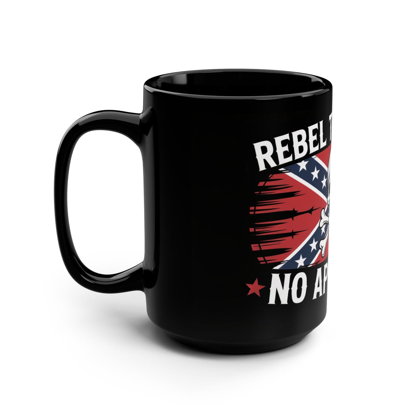 Black mug with confederate flag coffee mug design featuring rebel text and skull graphic