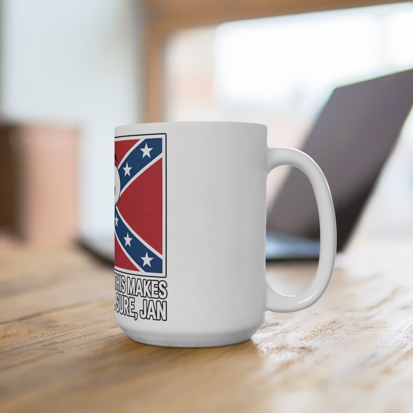 White confederate flag coffee mug with blue and red design on wooden table from Printify