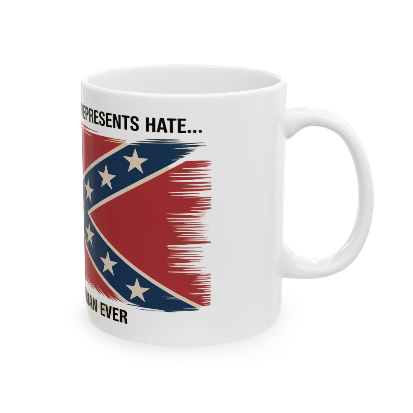 white mug featuring a distressed confederate flag coffee mug design with text