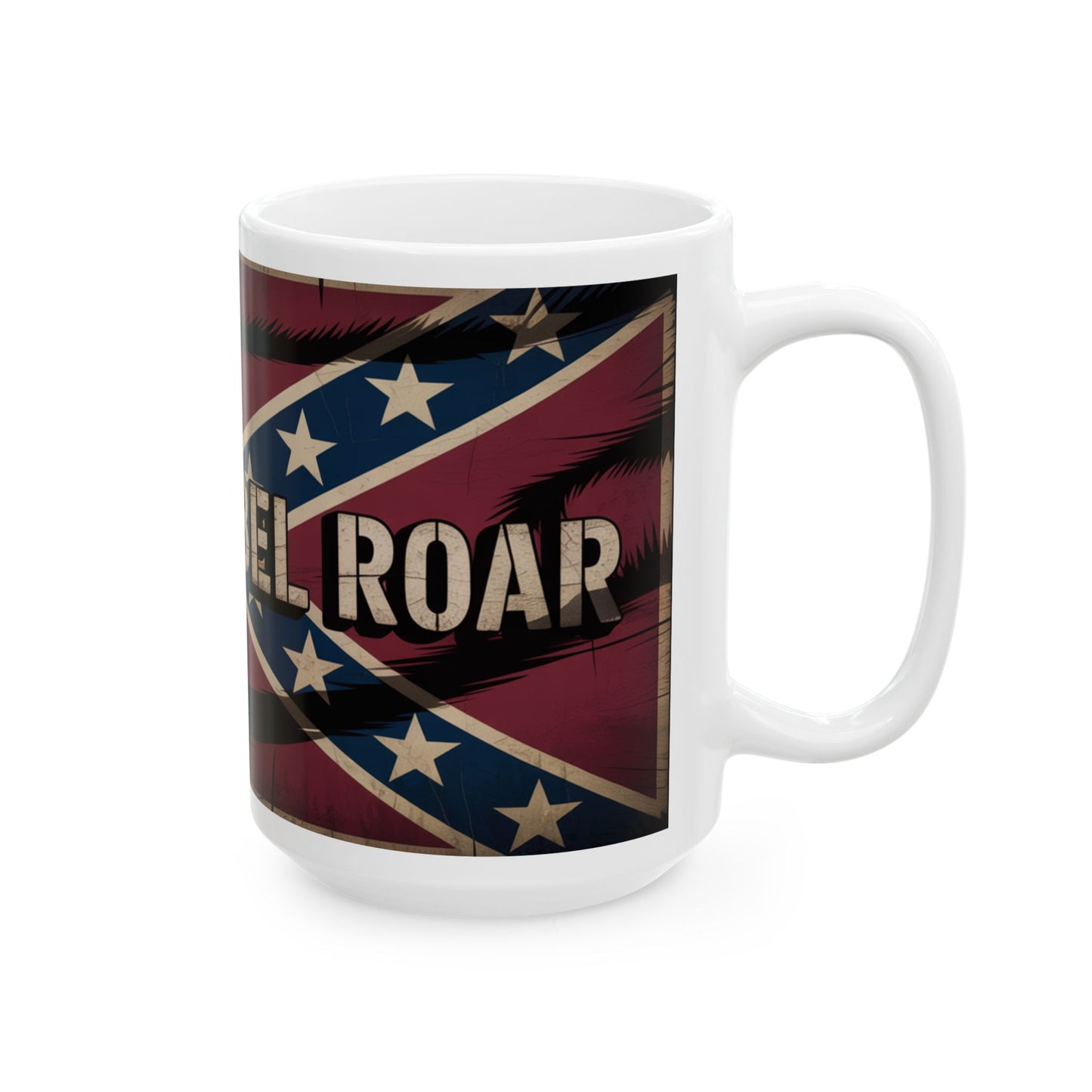 White ceramic Confederate flag coffee mug with vintage distressed rebel roar design