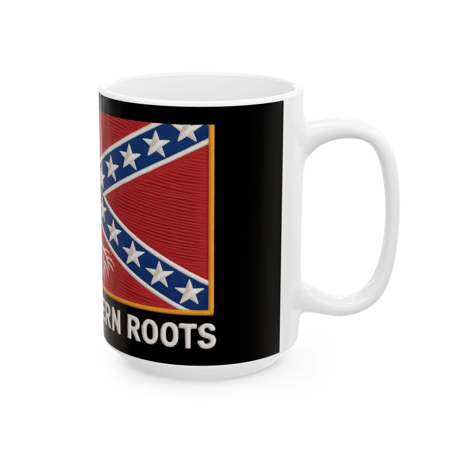 White coffee mug featuring a Confederate flag coffee mug design with text on black background