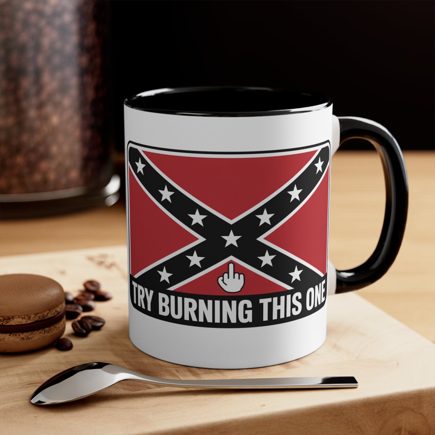 Confederate flag mug with bold design and provocative message on white ceramic with black handle