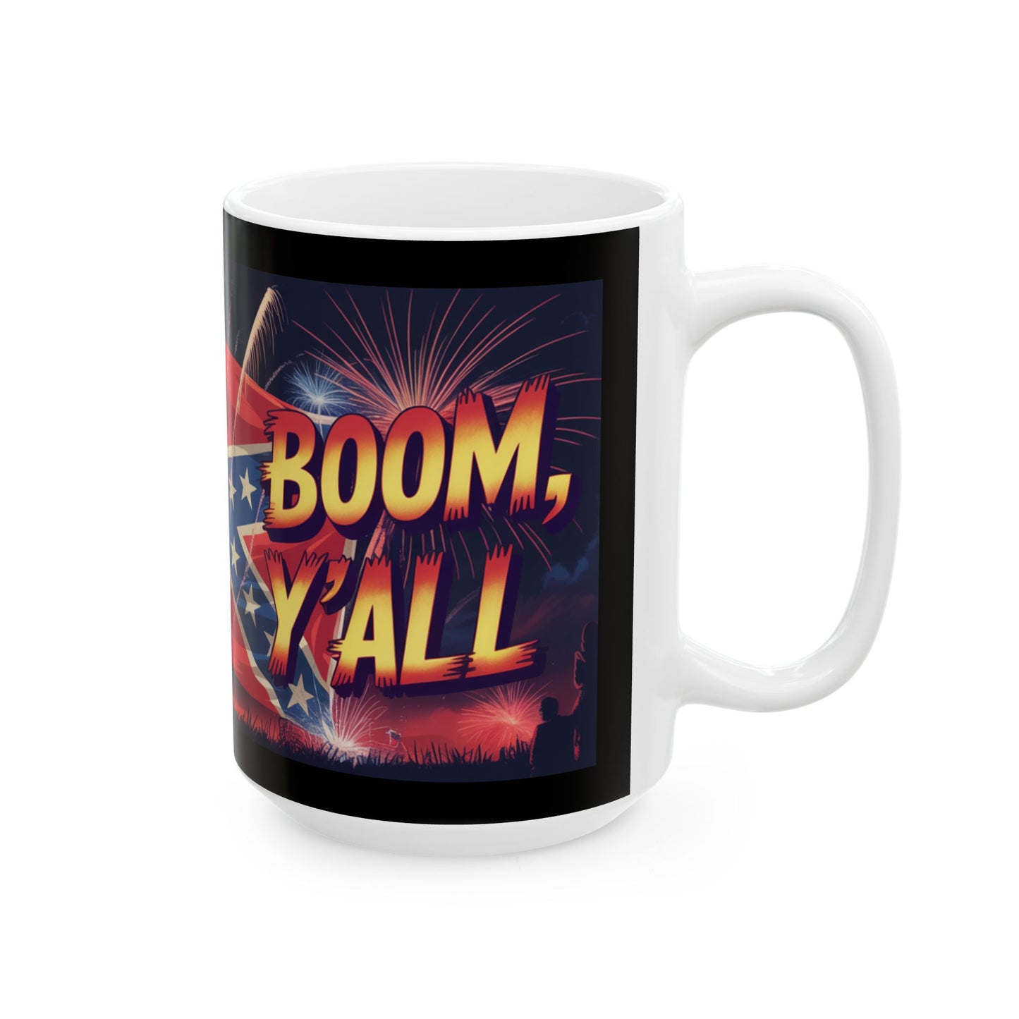 White mug featuring a Confederate flag mug design with fireworks and bold text boom yall