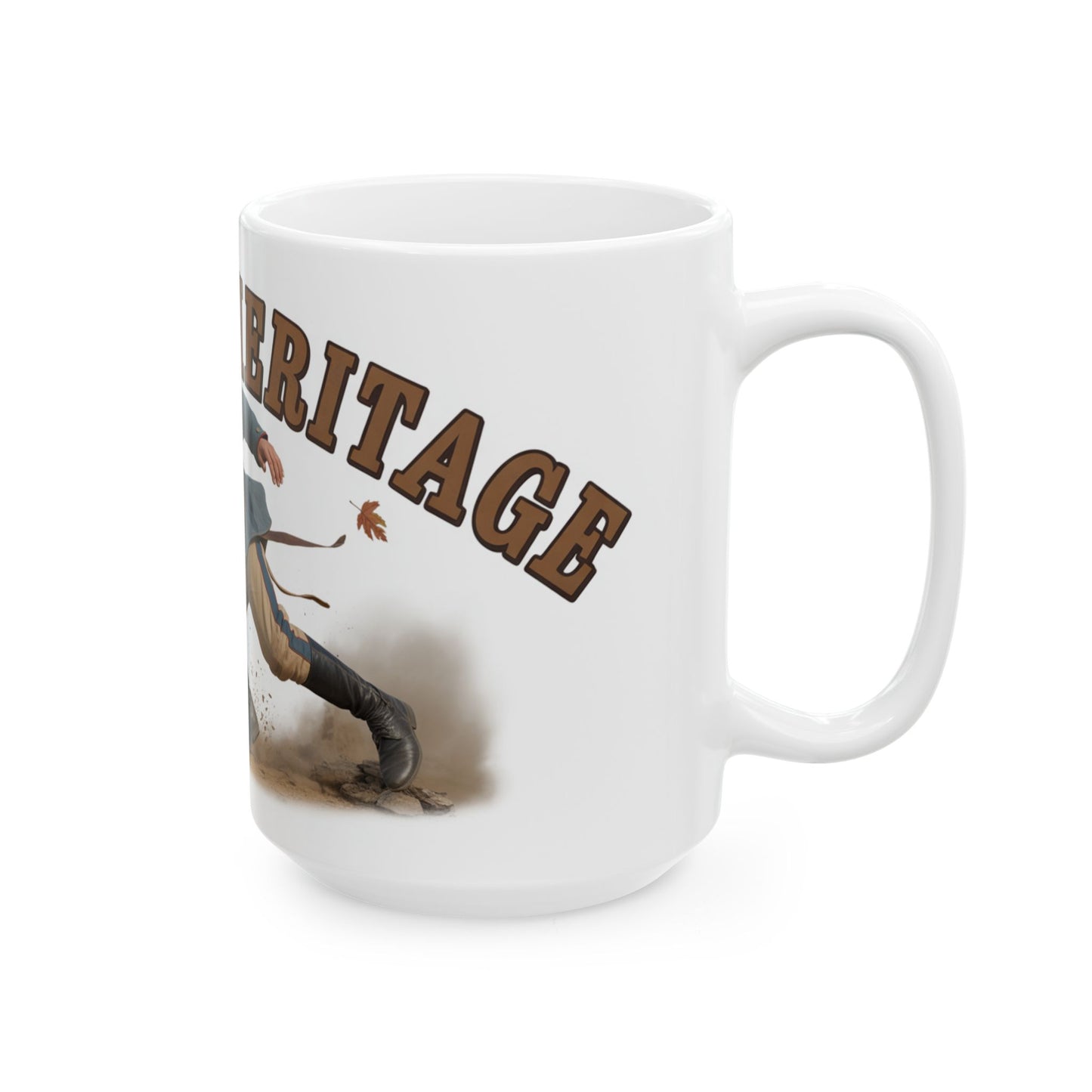 White vintage soldier ceramic mug featuring a soldier and heritage text in brown