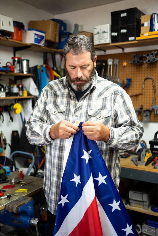 Jake threading brass grommet on 3x5 nylon Confederate flag in Tennessee shop