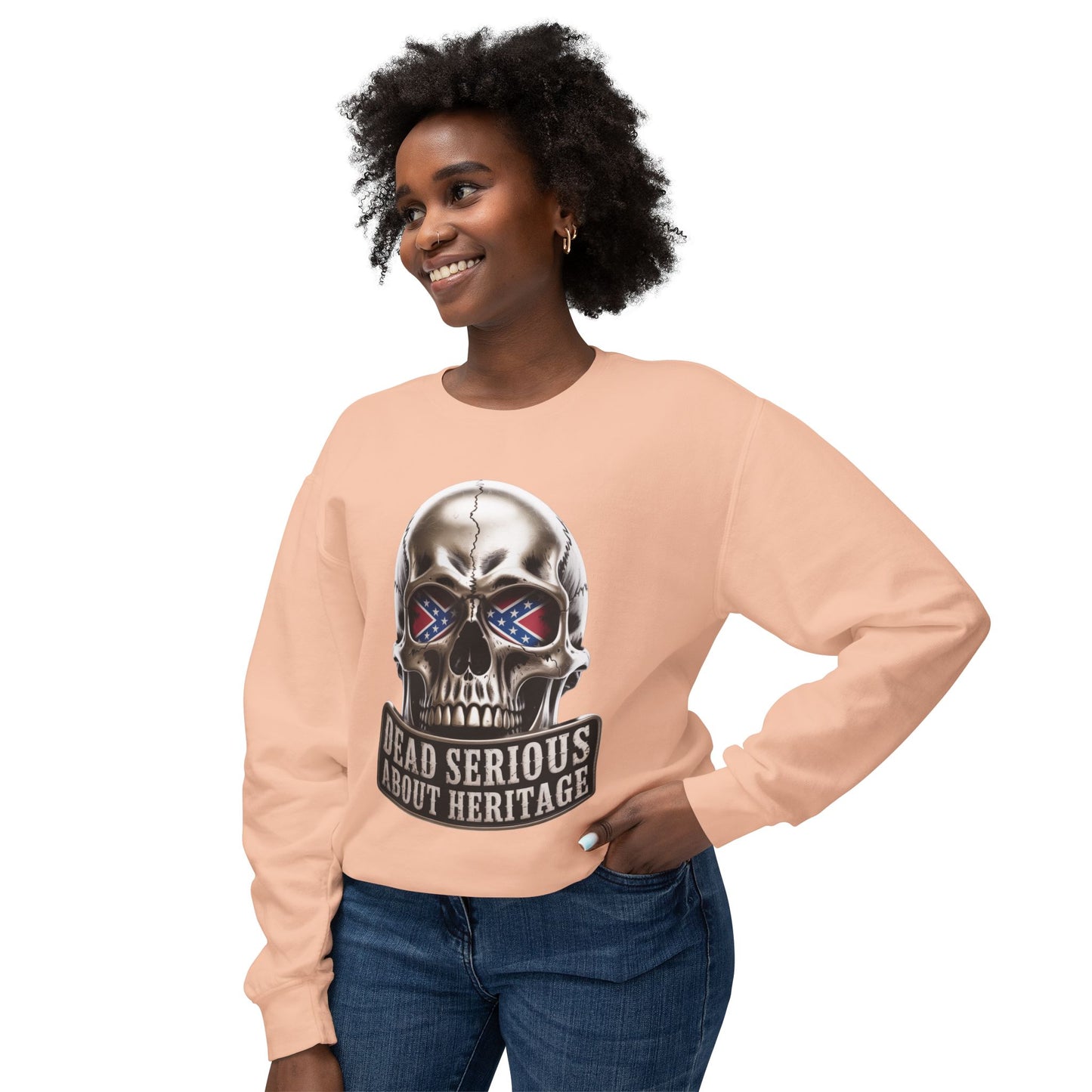 Crewneck Sweatshirt — 'Dead Serious About Heritage' Skull Design