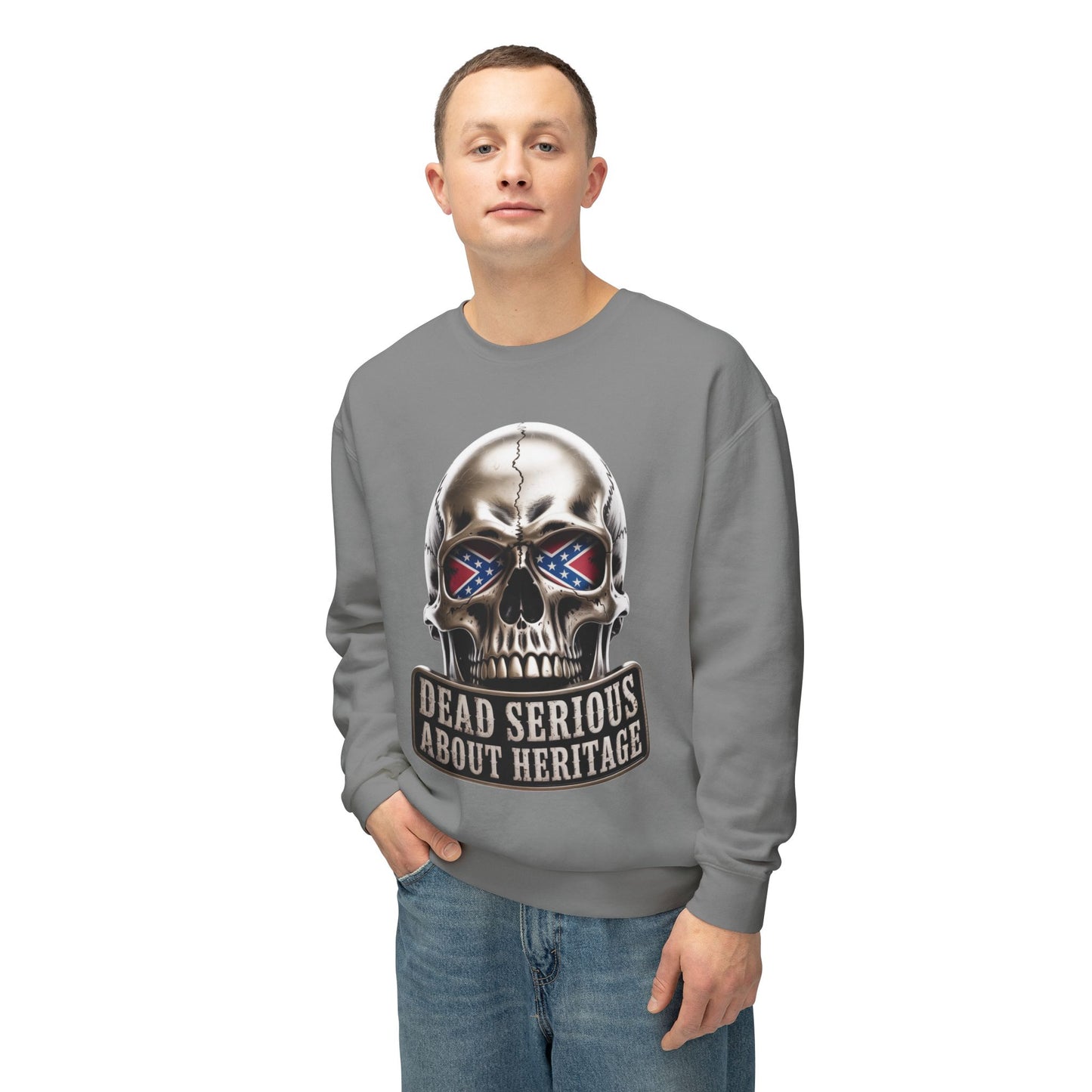 Crewneck Sweatshirt — 'Dead Serious About Heritage' Skull Design