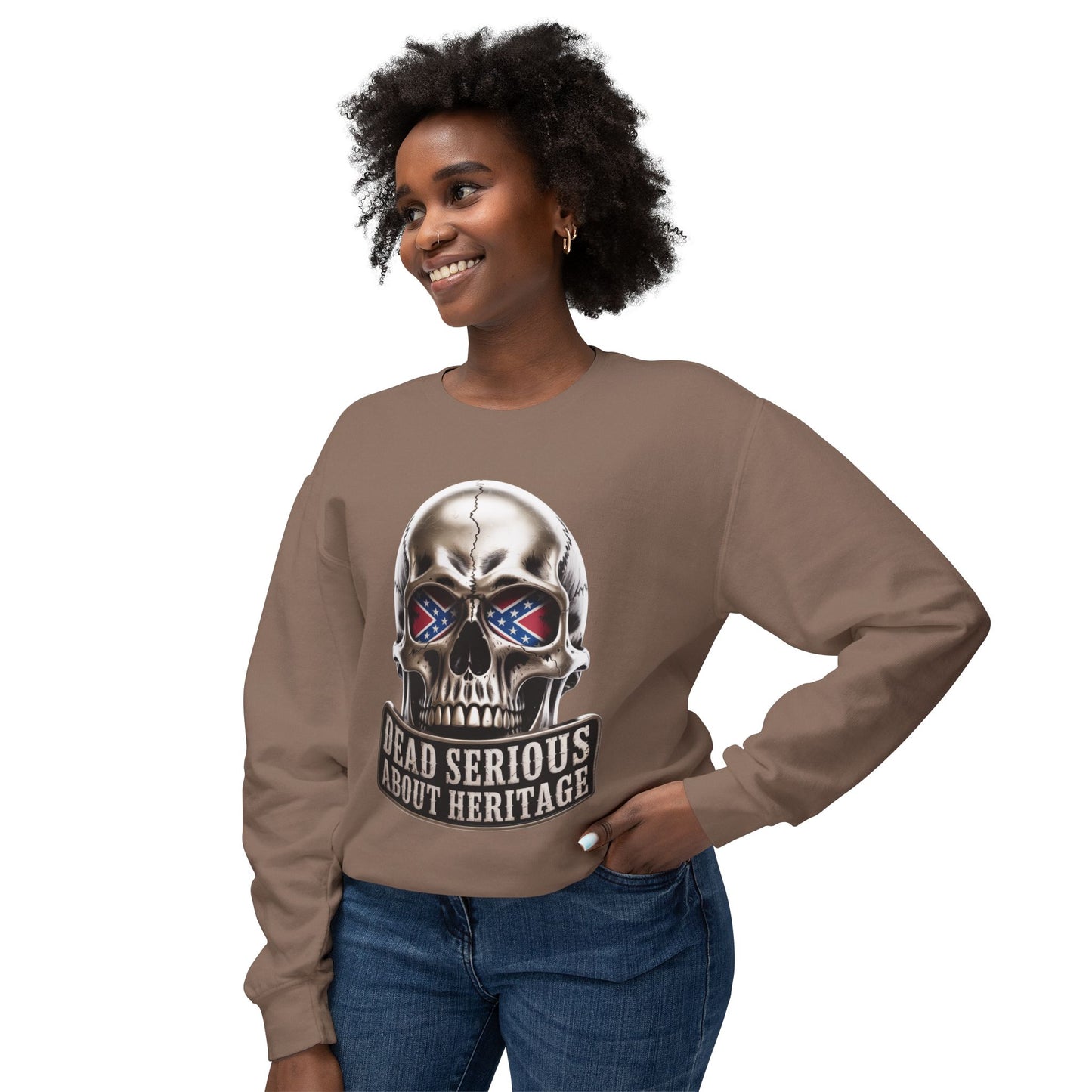 Crewneck Sweatshirt — 'Dead Serious About Heritage' Skull Design