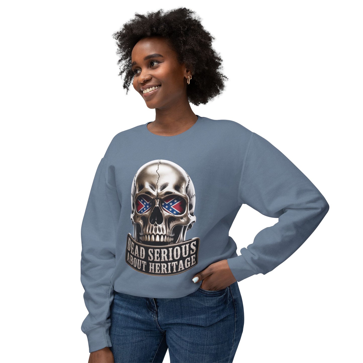 Crewneck Sweatshirt — 'Dead Serious About Heritage' Skull Design