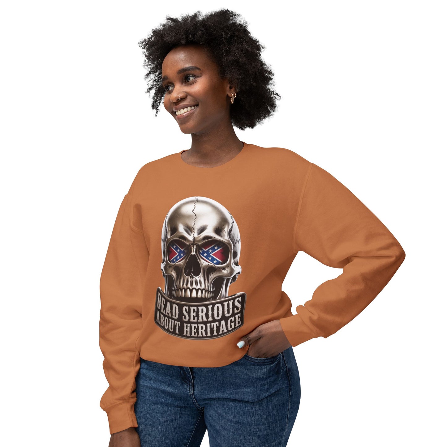 Crewneck Sweatshirt — 'Dead Serious About Heritage' Skull Design