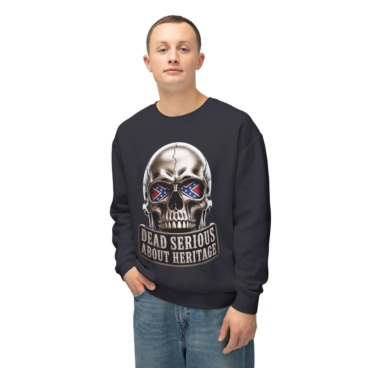 Crewneck Sweatshirt — 'Dead Serious About Heritage' Skull Design