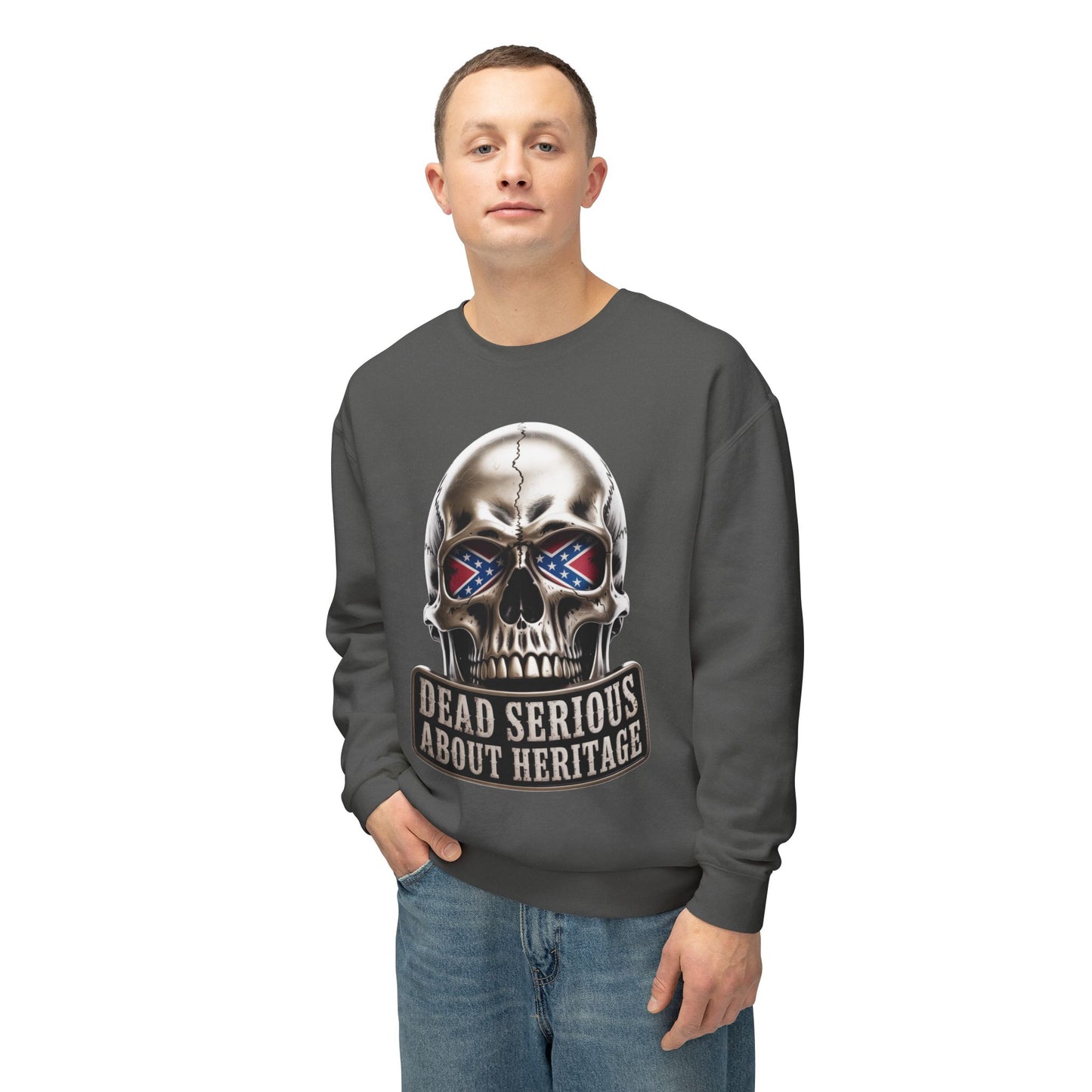 Crewneck Sweatshirt — 'Dead Serious About Heritage' Skull Design