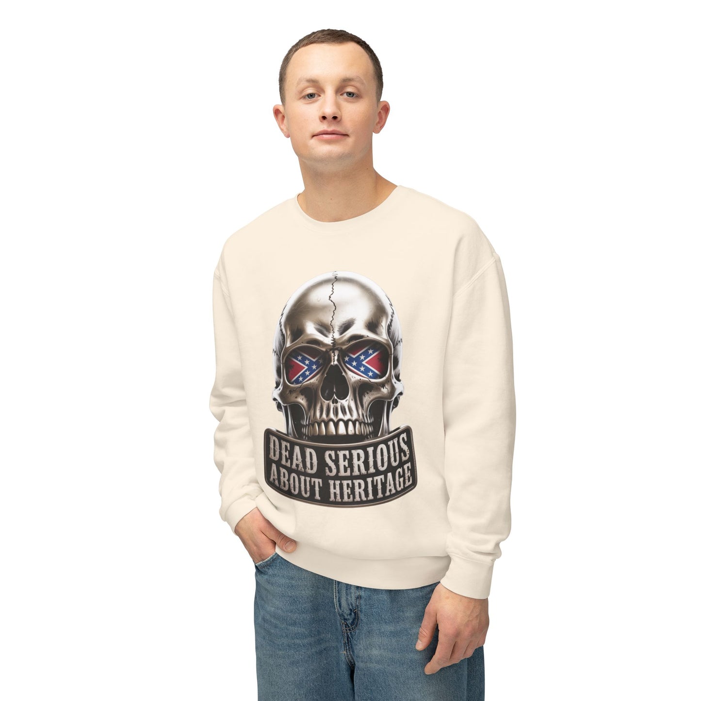 Crewneck Sweatshirt — 'Dead Serious About Heritage' Skull Design
