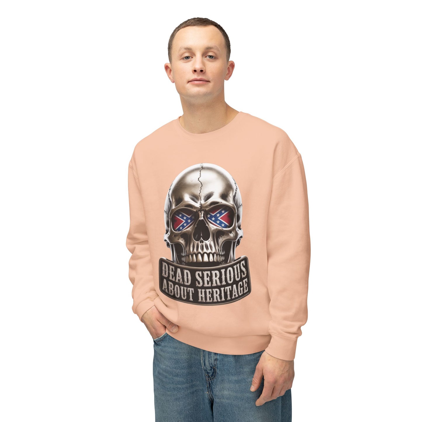 Crewneck Sweatshirt — 'Dead Serious About Heritage' Skull Design