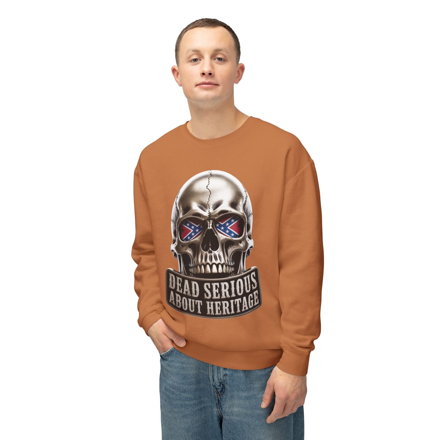 Crewneck Sweatshirt — 'Dead Serious About Heritage' Skull Design