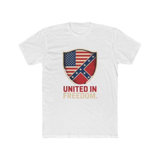 Interlocked U.S. & Confederate Flags T-Shirt - 'United in Freedom' Grunge Design - Red-White-Blue Graphic Tee for Patriotic Style