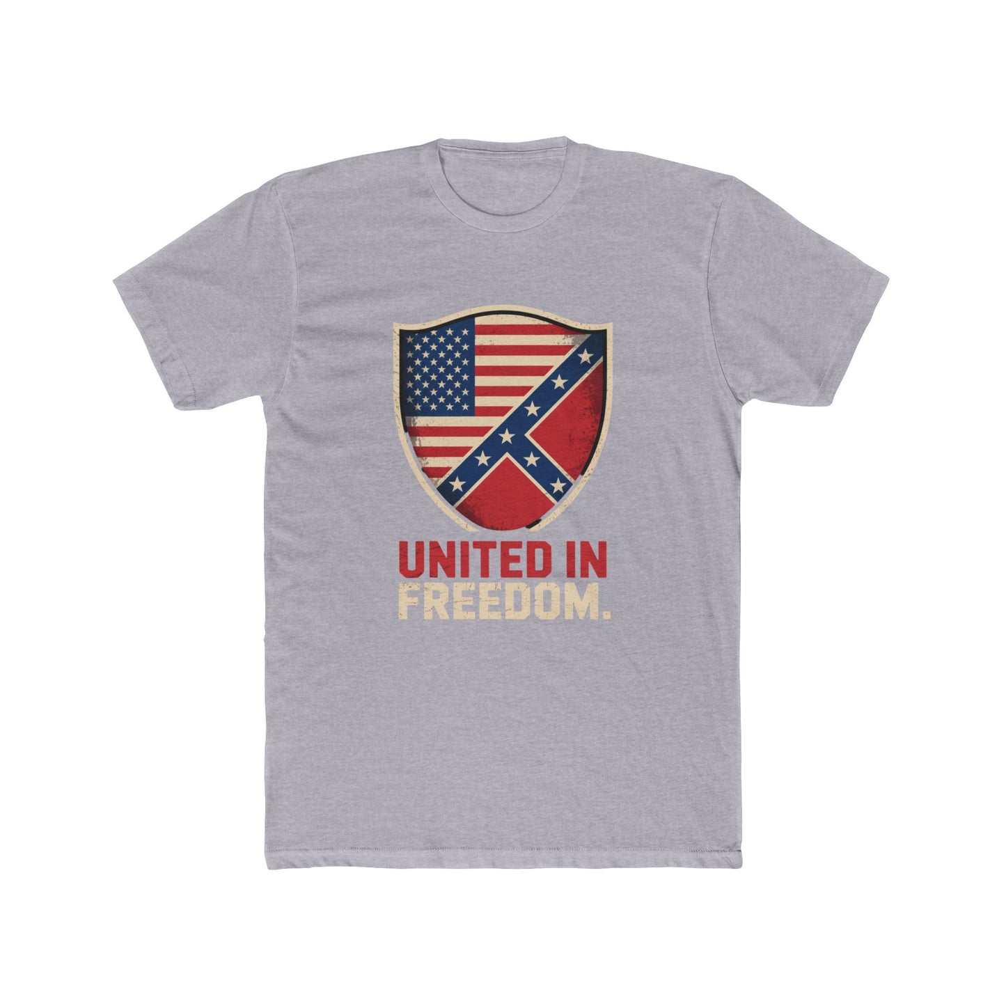 Interlocked U.S. & Confederate Flags T-Shirt - 'United in Freedom' Grunge Design - Red-White-Blue Graphic Tee for Patriotic Style
