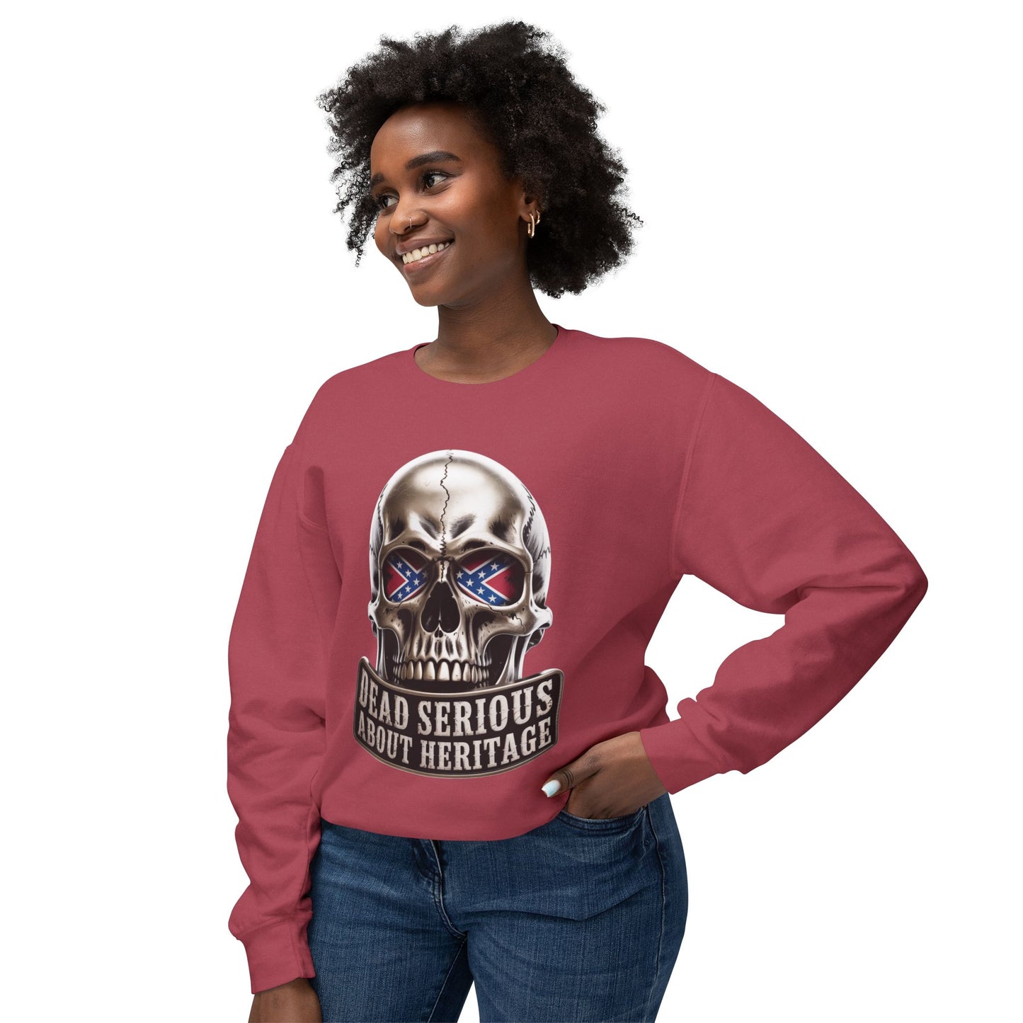 Crewneck Sweatshirt — 'Dead Serious About Heritage' Skull Design