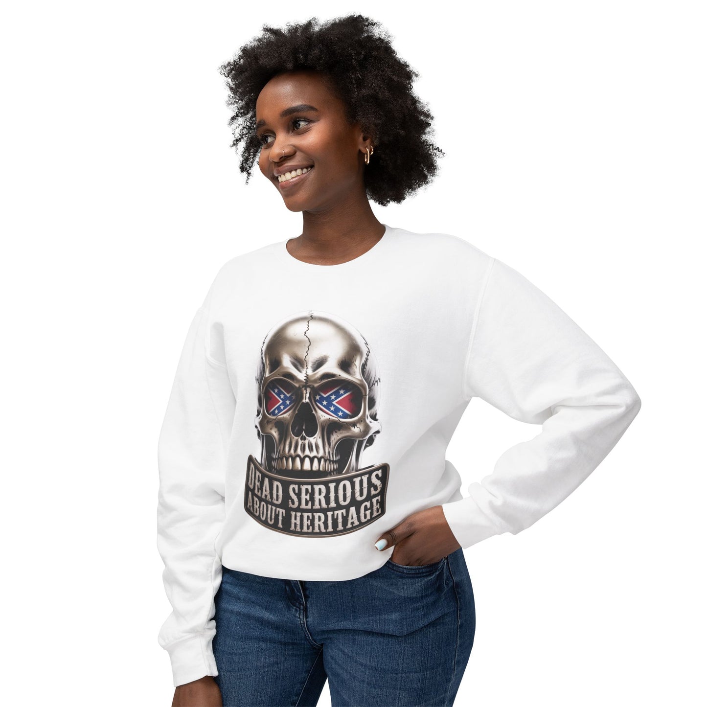 Crewneck Sweatshirt — 'Dead Serious About Heritage' Skull Design
