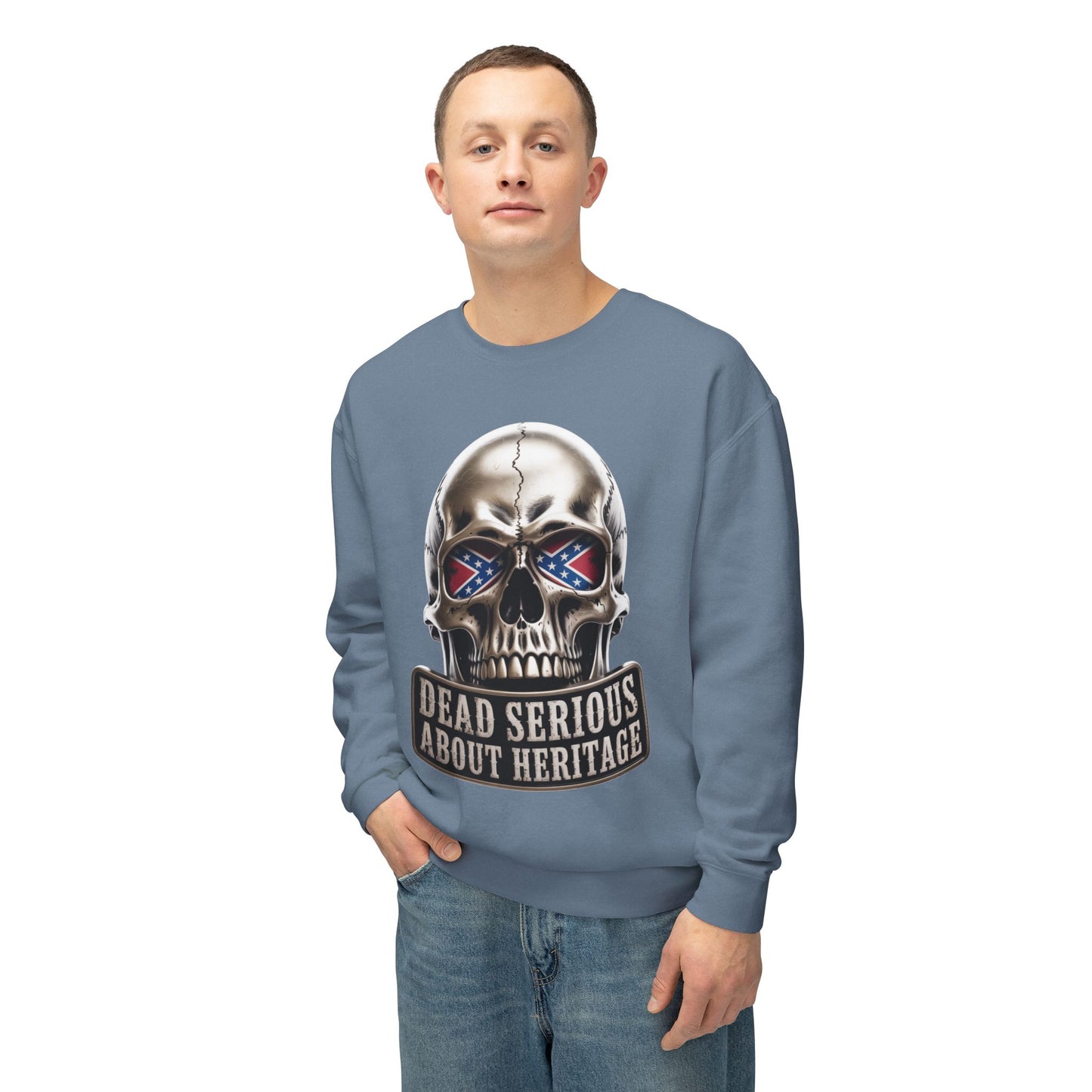 Crewneck Sweatshirt — 'Dead Serious About Heritage' Skull Design