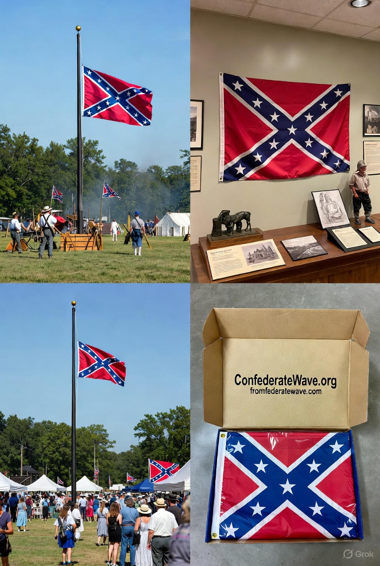 3x5 Confederate battle flag for sale displayed on flagpoles and laid flat from Confederate Wave