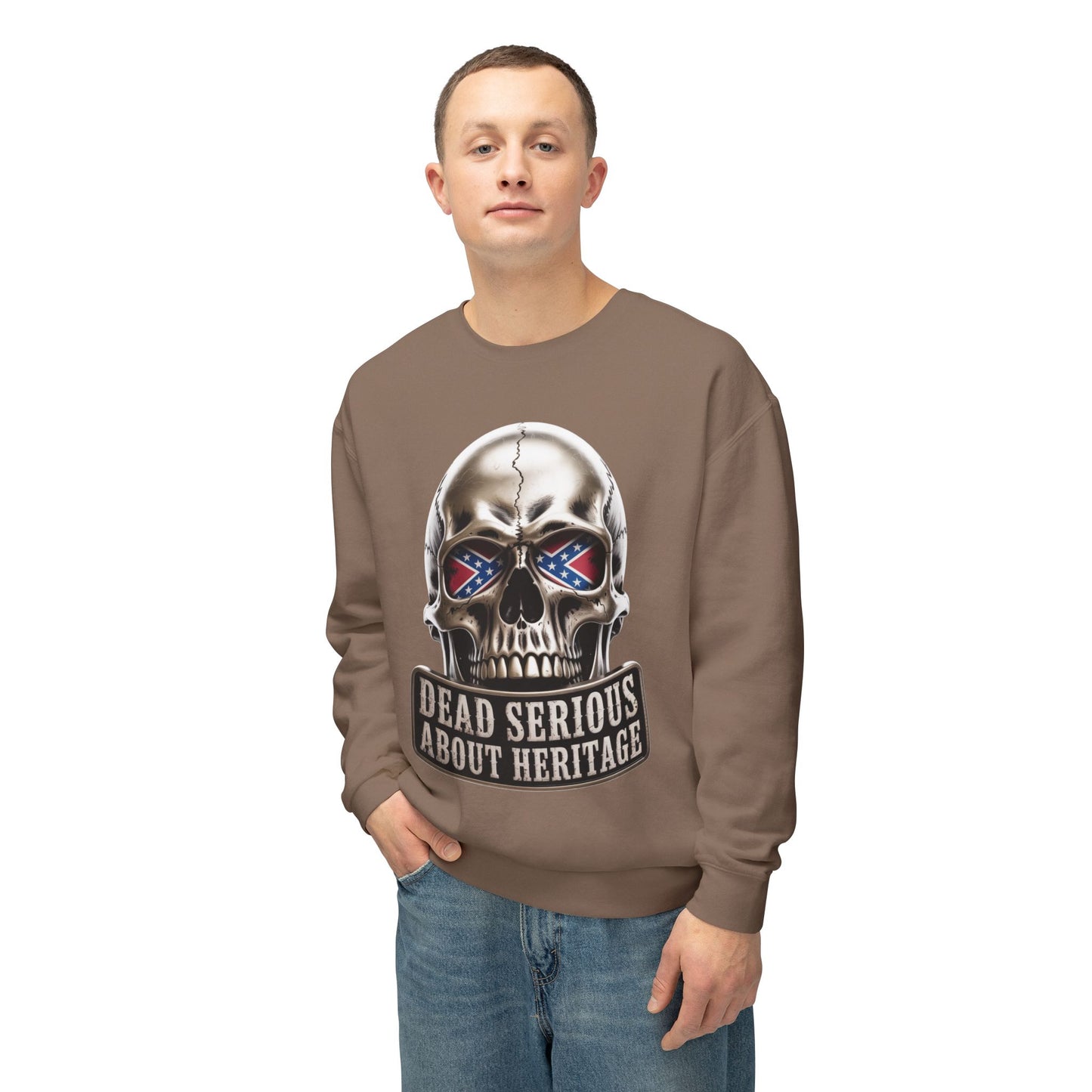 Crewneck Sweatshirt — 'Dead Serious About Heritage' Skull Design