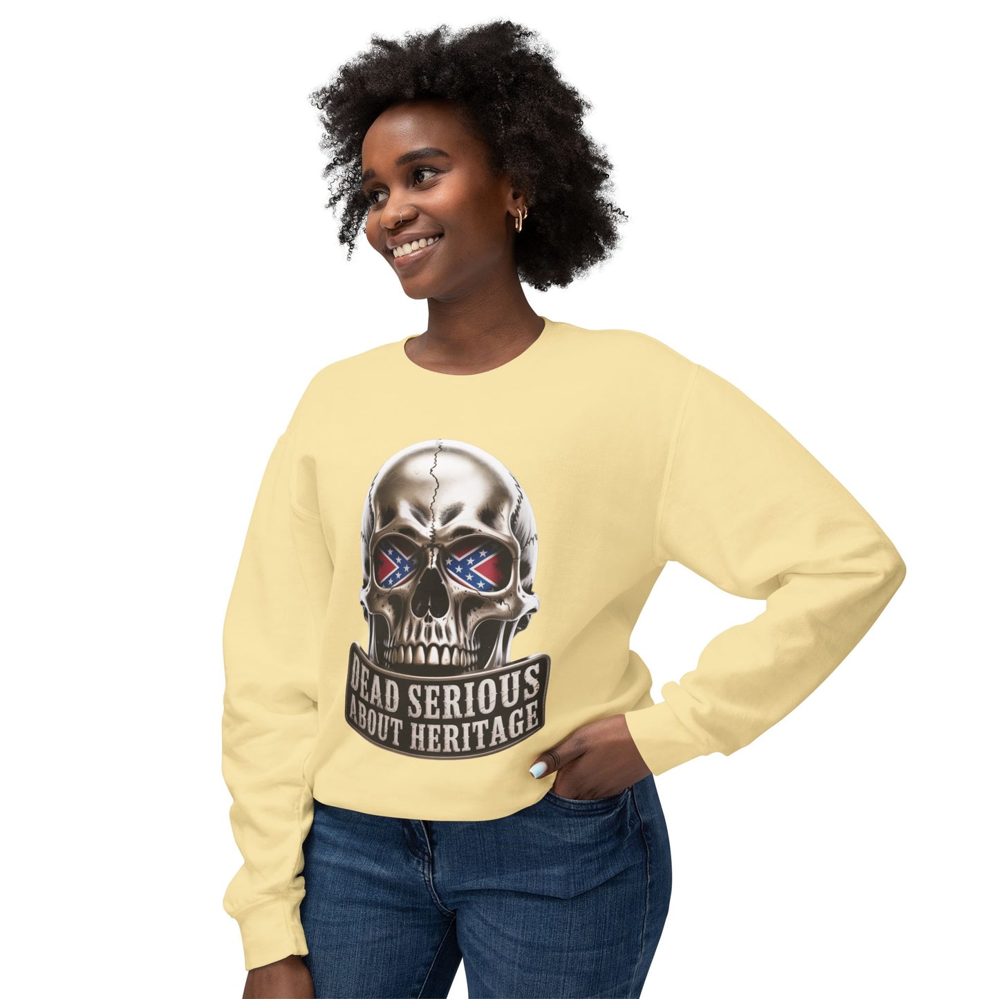 Crewneck Sweatshirt — 'Dead Serious About Heritage' Skull Design