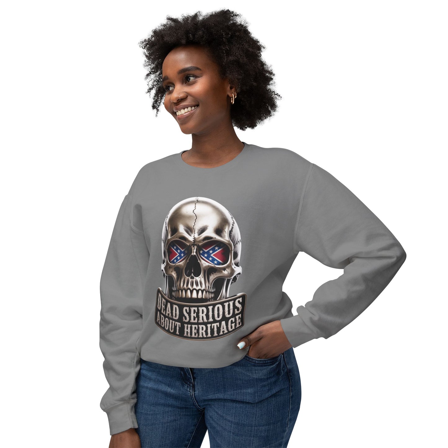 Crewneck Sweatshirt — 'Dead Serious About Heritage' Skull Design