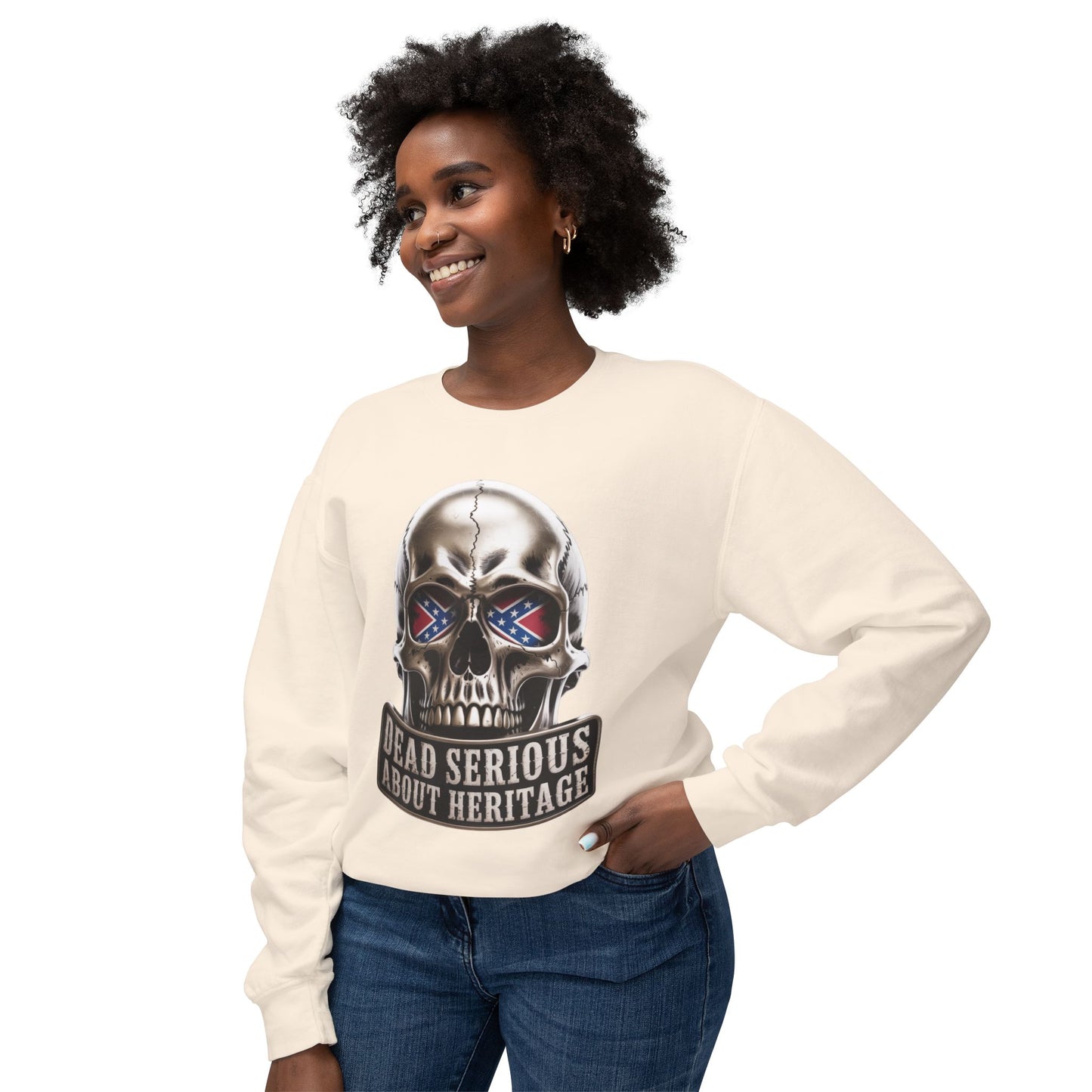 Crewneck Sweatshirt — 'Dead Serious About Heritage' Skull Design