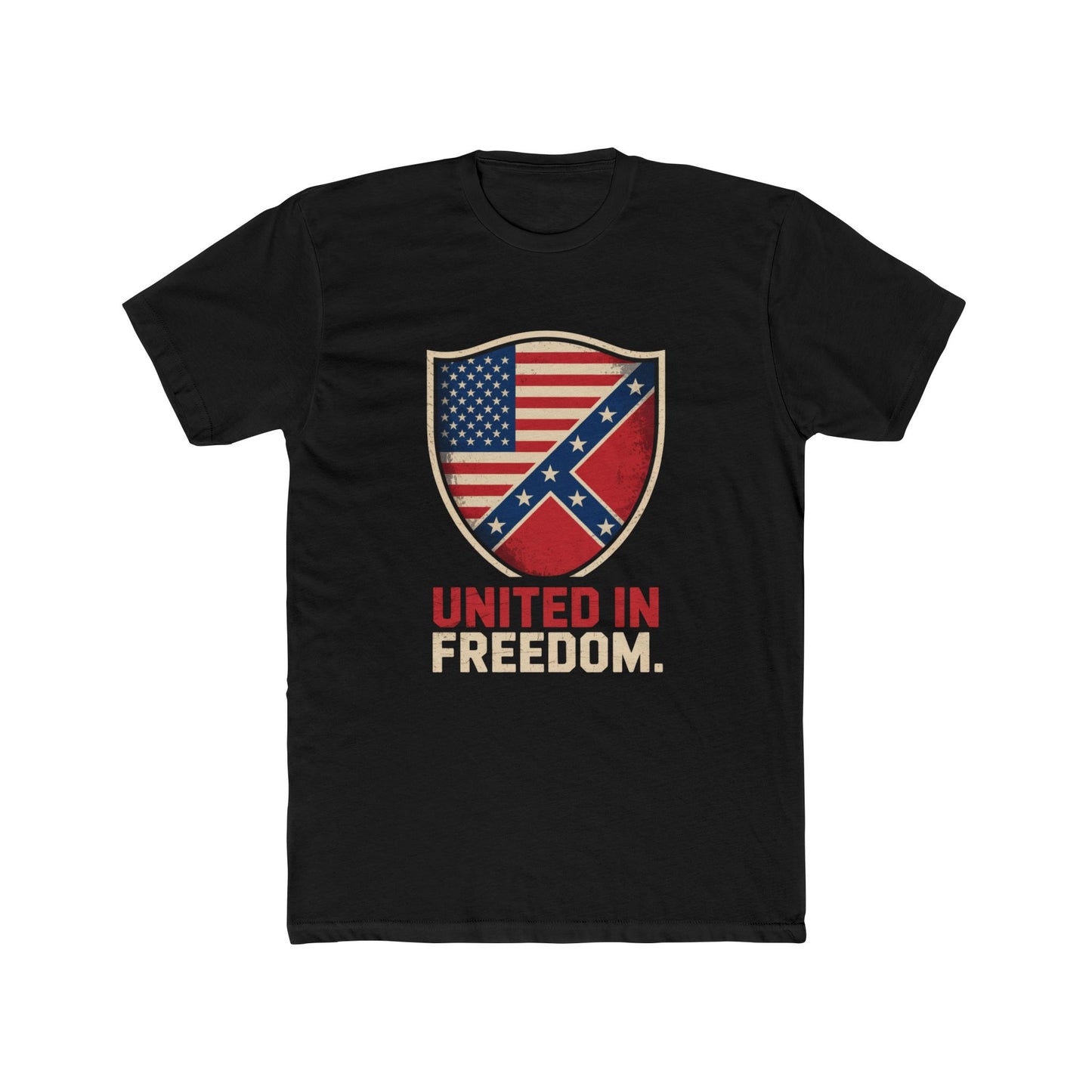 Interlocked U.S. & Confederate Flags T-Shirt - 'United in Freedom' Grunge Design - Red-White-Blue Graphic Tee for Patriotic Style