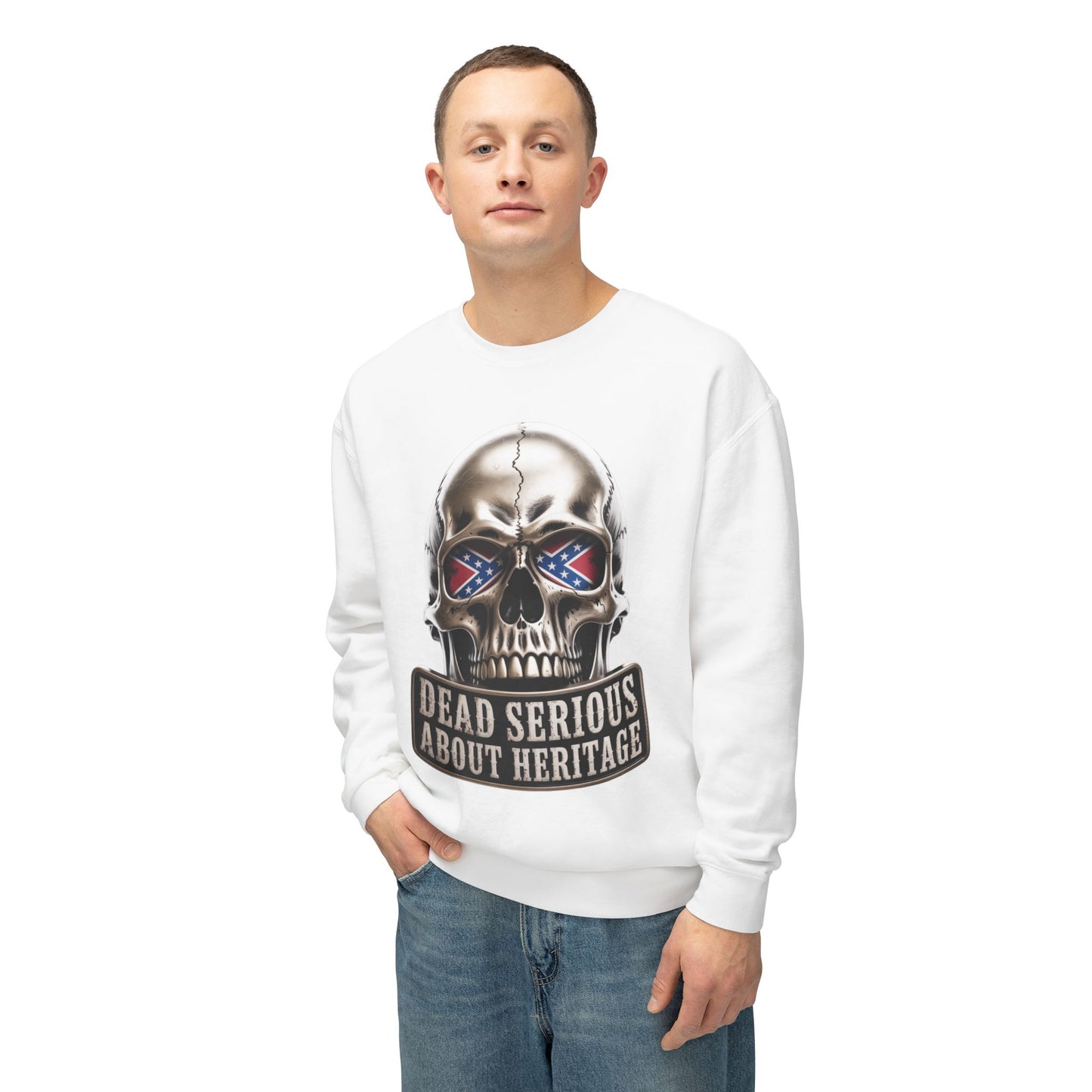 Crewneck Sweatshirt — 'Dead Serious About Heritage' Skull Design