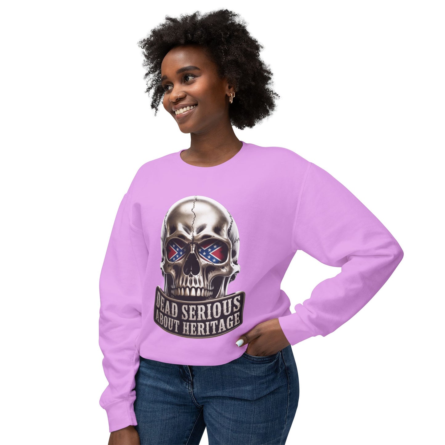 Crewneck Sweatshirt — 'Dead Serious About Heritage' Skull Design