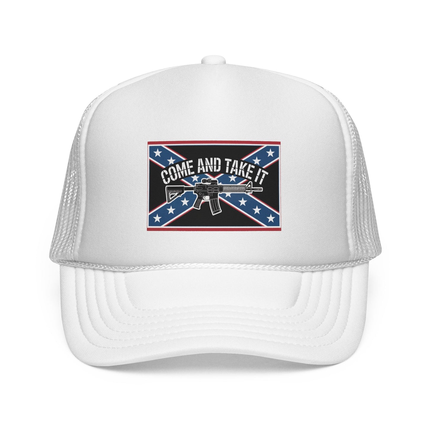White Confederate flag trucker cap with Come and Take It design featuring a rifle graphic
