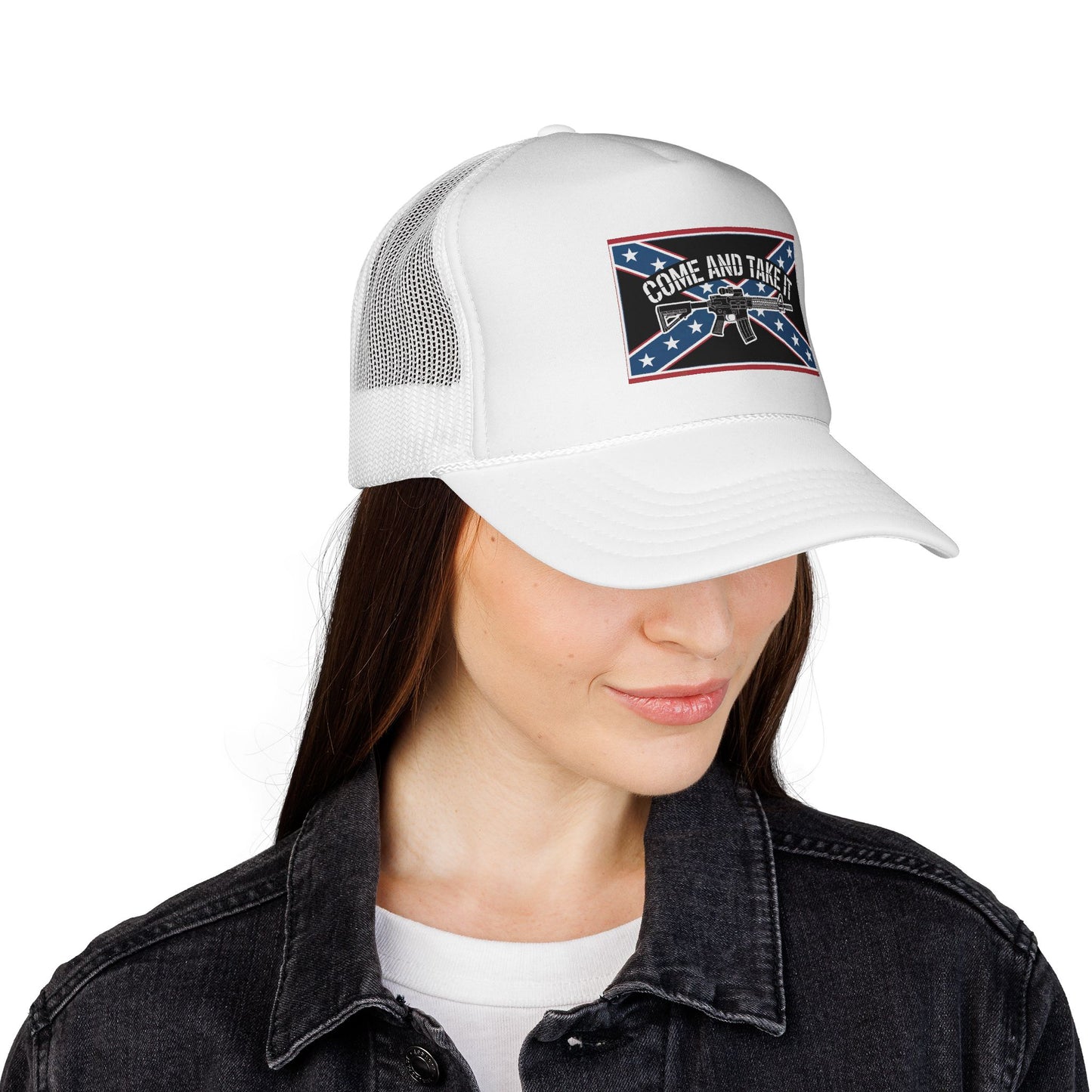 White Confederate flag trucker cap with mesh back worn by woman in black jacket