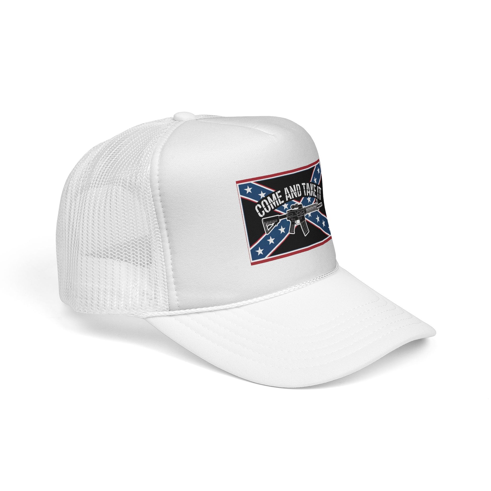 White confederate flag trucker cap with mesh back and Come and Take It design