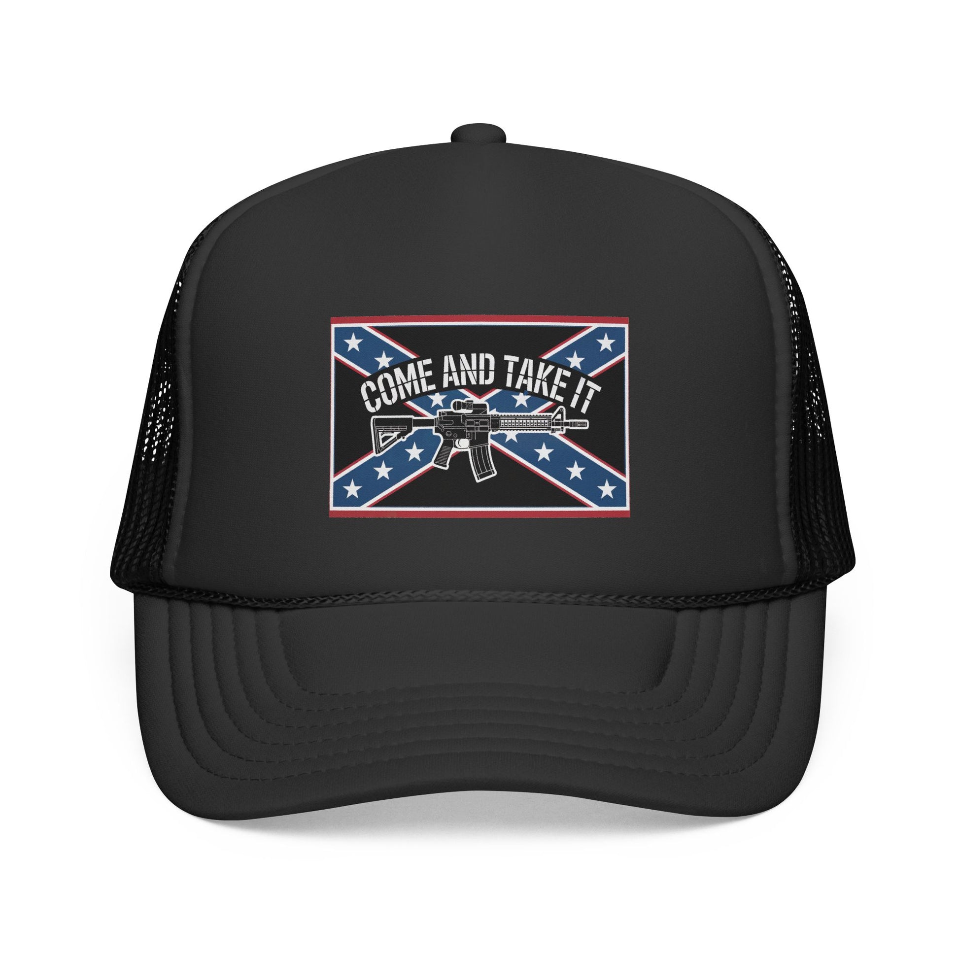 black Confederate flag trucker cap with Come and Take It design and gun graphic