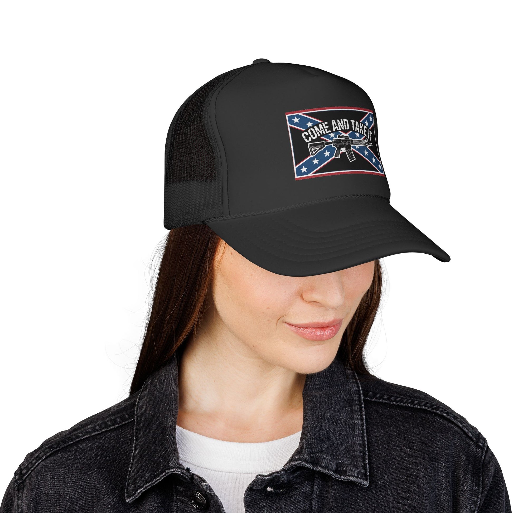 Black Confederate flag trucker cap with Come and Take It graphic worn by woman in denim jacket