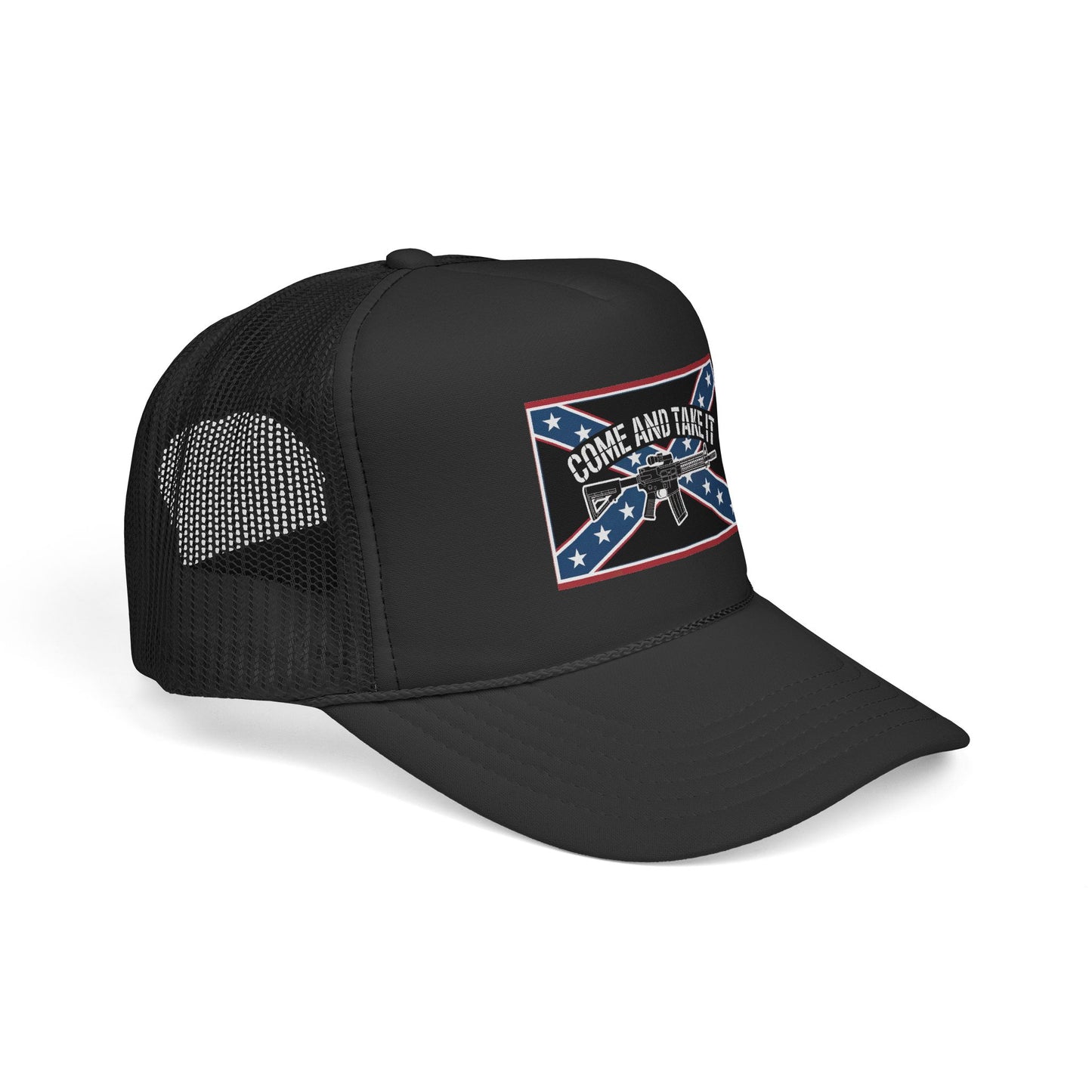 Black Confederate flag trucker cap with Come and Take It design and mesh back panels