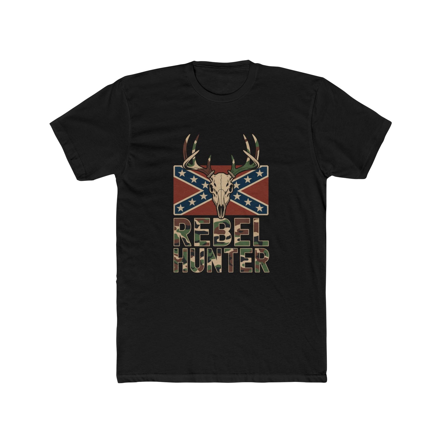 Black rebel flag camo t-shirt with deer skull and antlers graphic and camo text design
