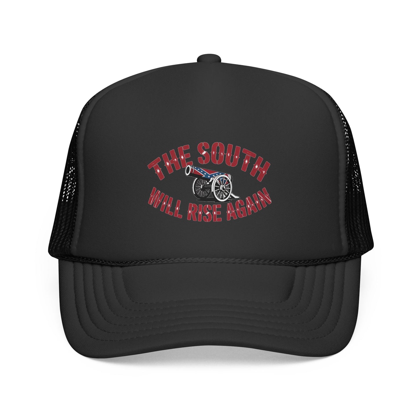 Black mesh trucker hat with cannon graphic and red text the south will rise again hat