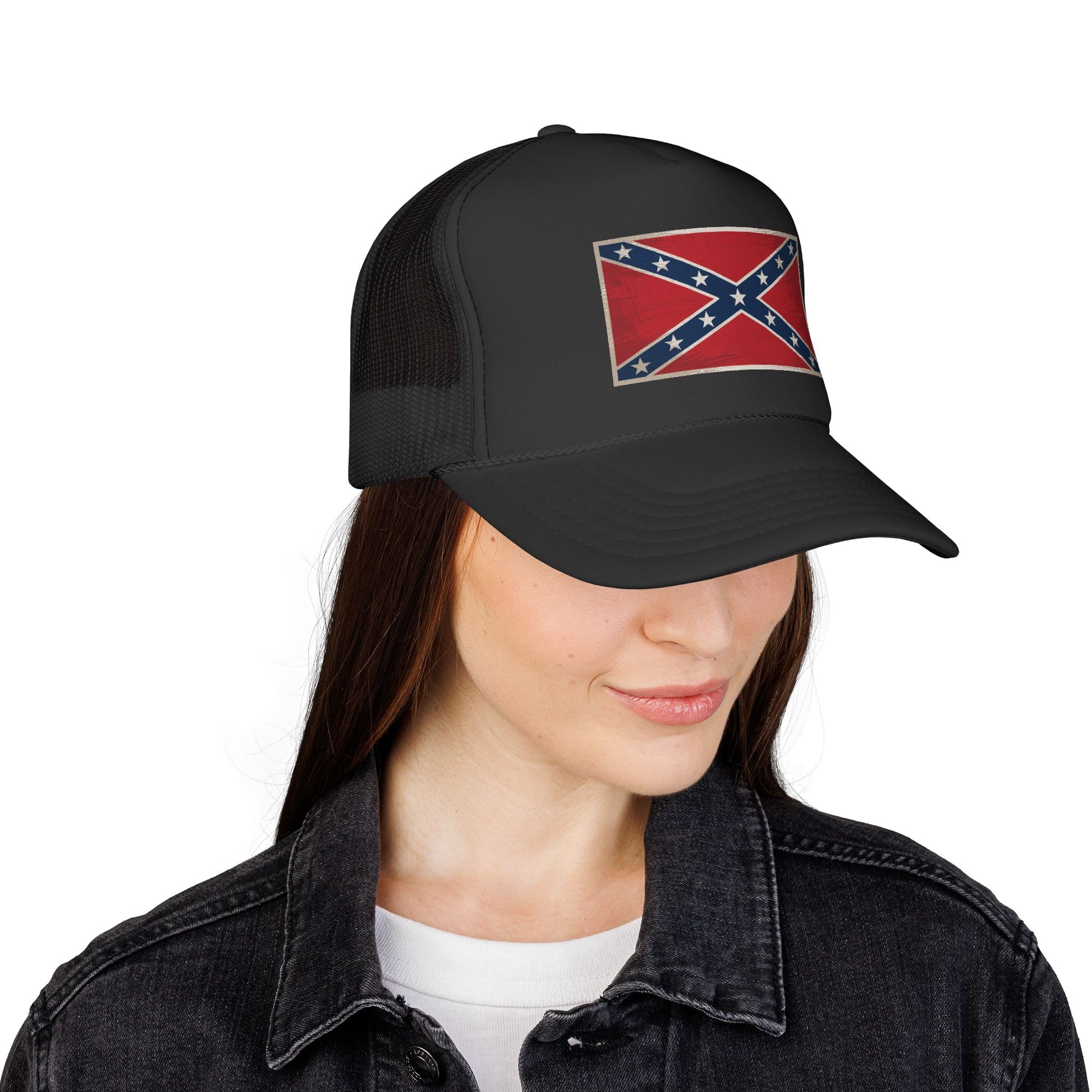 Woman wearing a black distressed Confederate flag hat with mesh back and adjustable strap