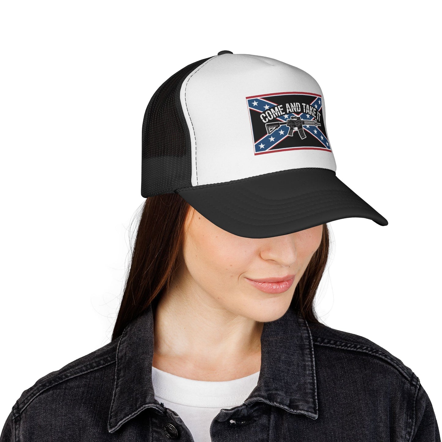 Woman wearing a Confederate flag trucker cap with come and take it design in black and white