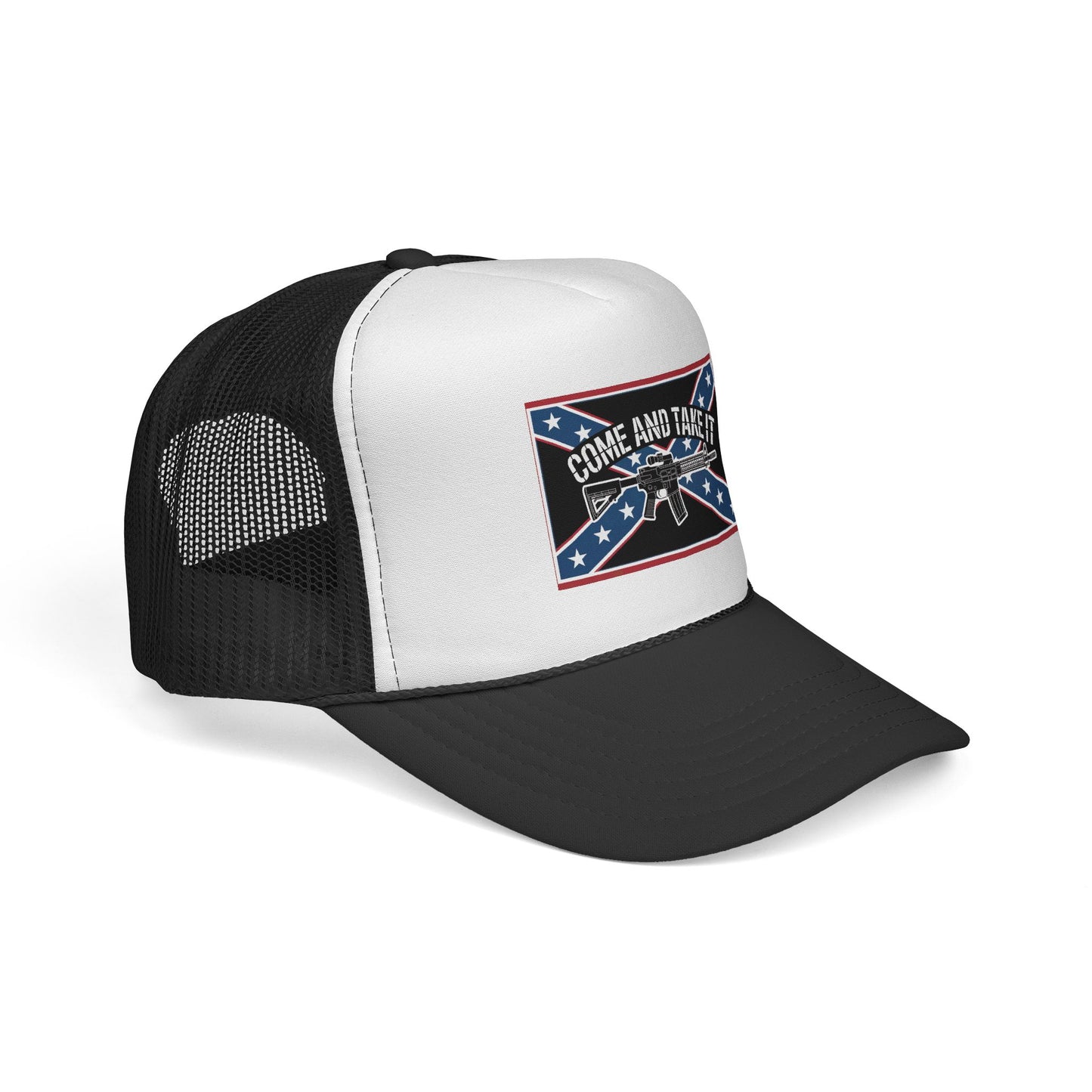 Confederate flag trucker cap with black mesh back and white front panel featuring flag and rifle design
