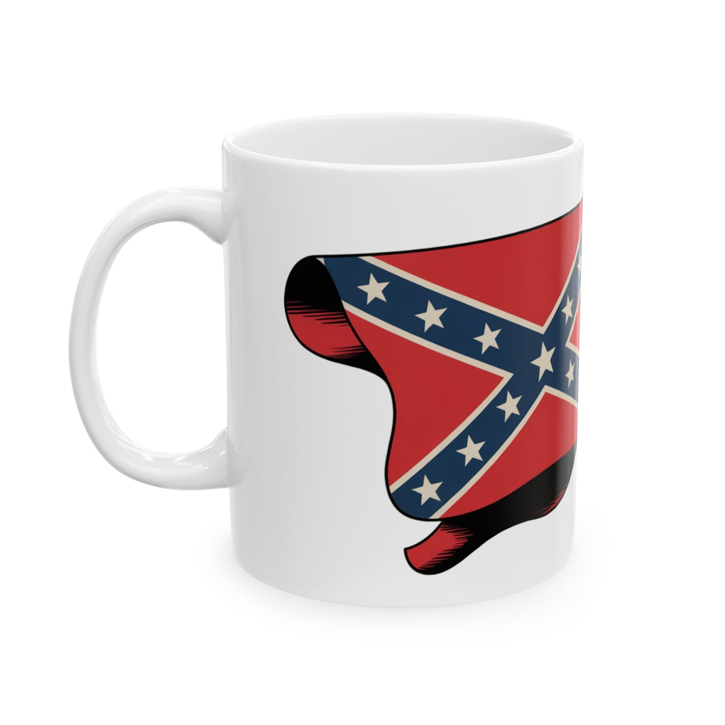 White ceramic Captain Heritage mug with a red, blue, and white Confederate flag design