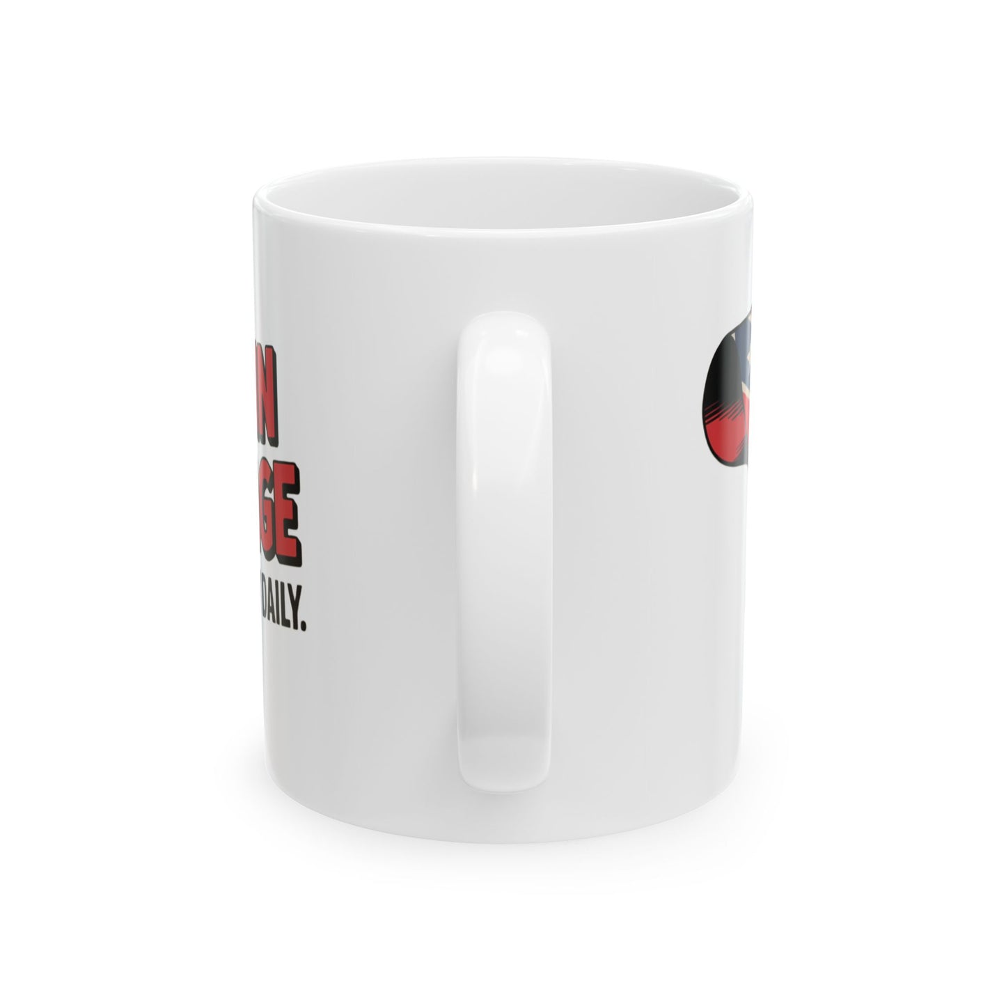 White ceramic mug with handle featuring Captain Heritage mug design and text