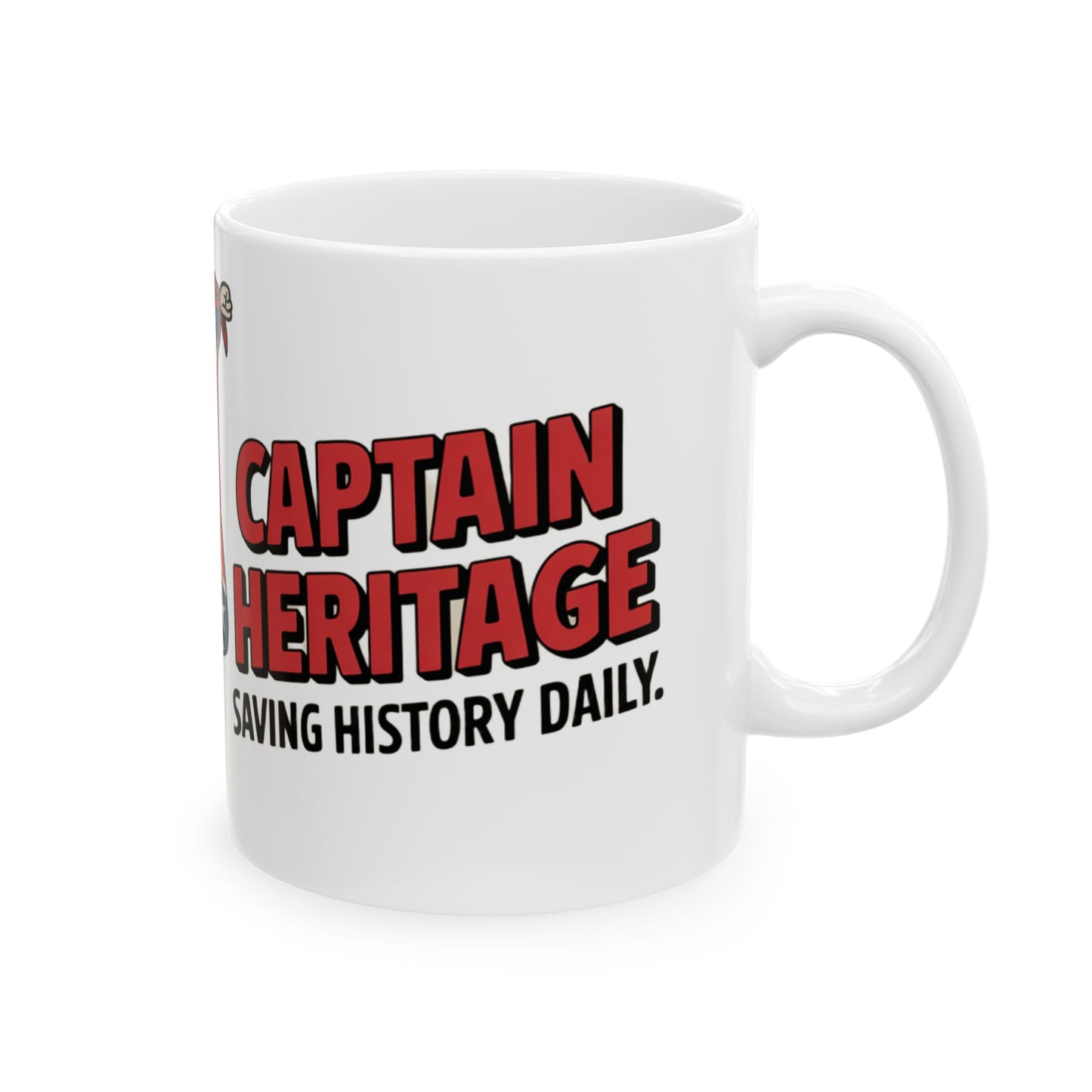White ceramic Captain Heritage mug with red and black text saving history daily